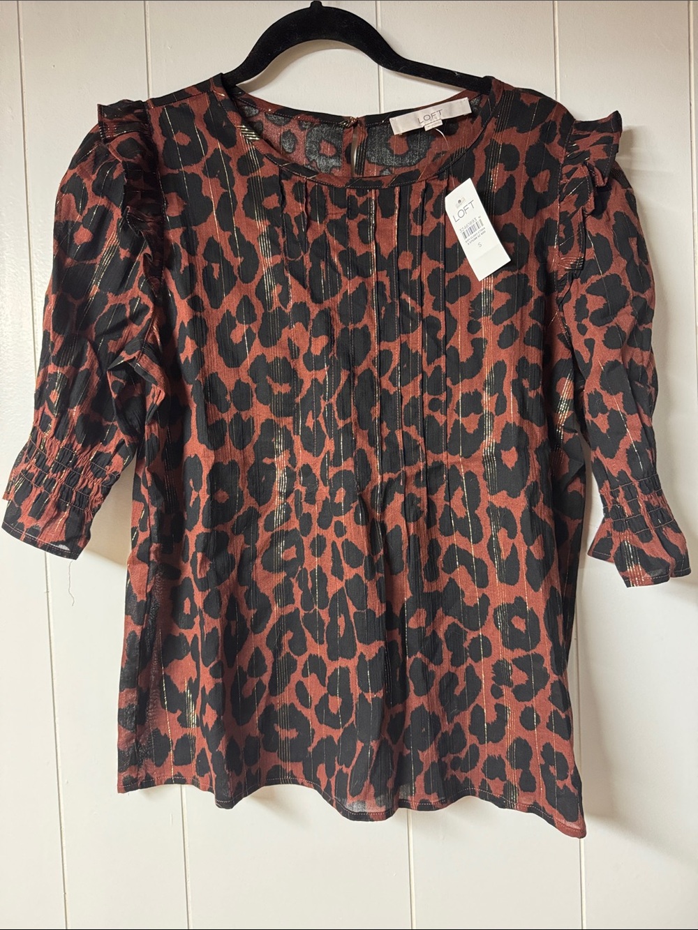 LOFT Brown and Black Leopard Print Puff Sleeve Blouse